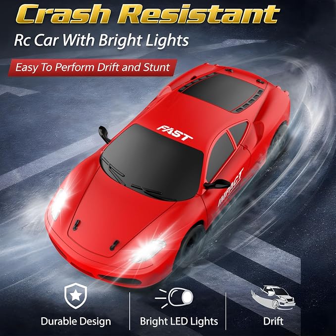 Remote Control Car RC Drift Car 2.4GHz 1:24 Scale 4WD 15KM/H High Speed Model Vehicle with LED Lights Drifting Tire Racing Sport Toy Car for Adults Boys Girls Kids Gift 2Pcs Rechargeable Batteries