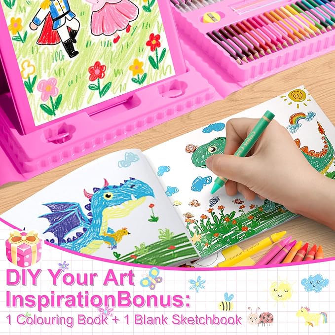 GOTIDEAL Art Supplies,Kids Art Set,210 PCS Art Kit for Kids Age 6-12 with Trifold Easel, Kid Drawing kit with Coloring Book, Crayons, Markers, Watercolor Pens,Gift for Boys and Girls(Pink)