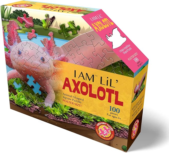 Madd CAPP: I Am Lil' Axolotl - 100 Piece Puzzle - Kids Animal-Shaped Jigsaw, 36" X 18" Finished Size, Poster Reference, Educational Fun Facts Booklet