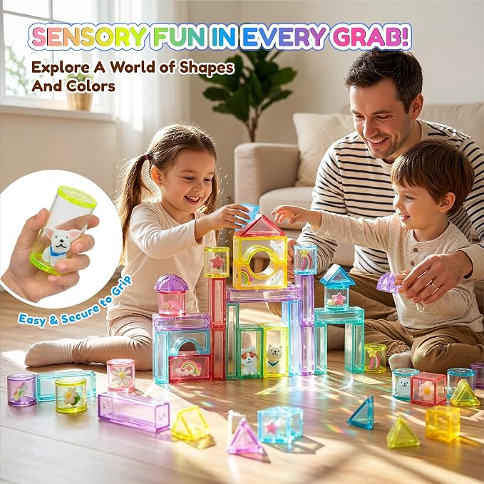 Gummy Bloc 33PCS Sensory Building Blocks for Toddlers,Soft Squishy Montessori Stacking Toy, House Garden Theme, Squeezable & Stretchable Fidget Blocks for Creative Play,Educational Preschool STEM Toy