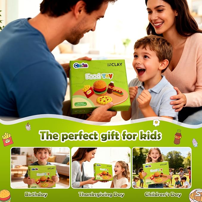 CyaJm Air Dry Clay Food Toy Kit - 12 Fast Food Themed Individual Clay Packs, Non-Toxic Ultra-Light Air Drying Modeling Clay with Tools & Guide, DIY Craft Gift for Kids Boys Girls Ages 3+