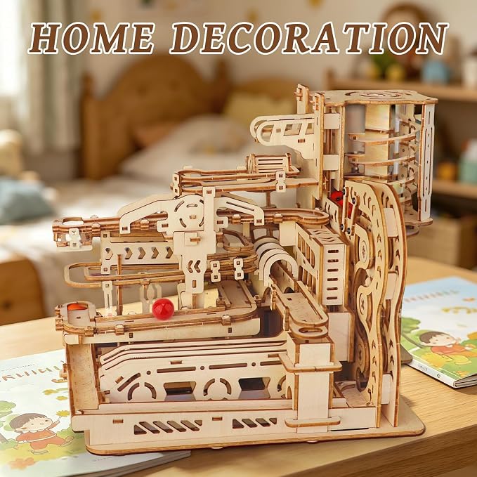 3D Wooden Puzzles Marble Run Model Building Kit, 372PCS DIY City Mechanical Track, Creative Wood Craft Puzzle with Red Marbles, Educational Hobby Gift for Adults & Teens