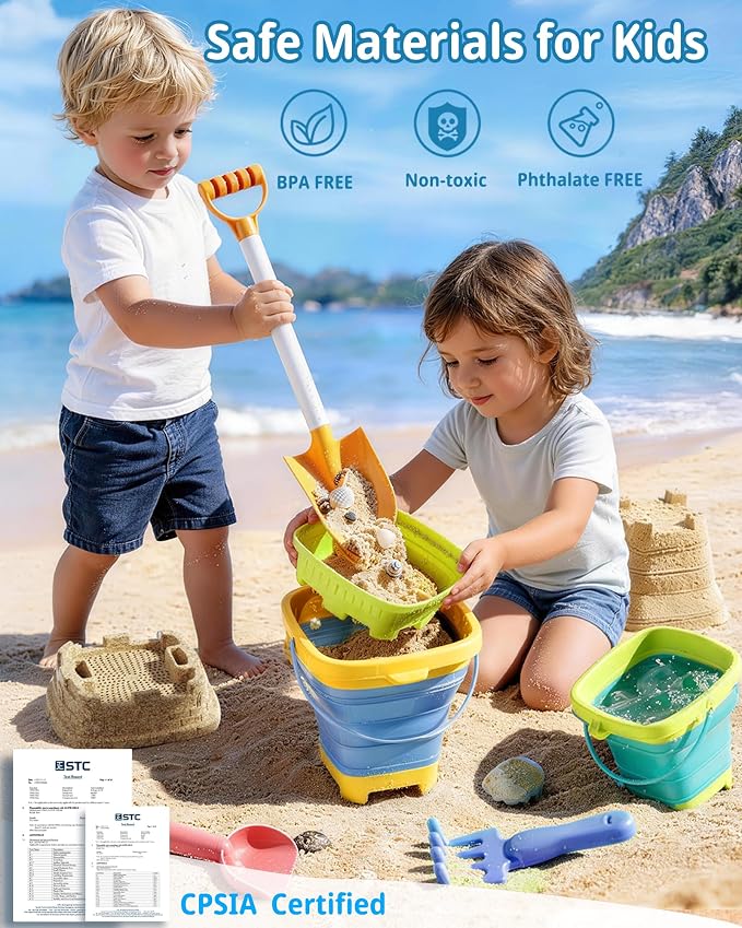 Beach Toys Set, 3 Collapsible Buckets, Detachable Large Pointed Sand Shovel, Flat Shovel, Rake, Scoop, Mesh Bag, Toddler Sandcastle Kit, Travel, Beach Party, Outdoor Summer Fun