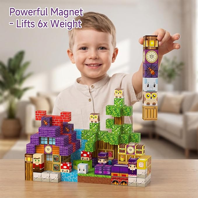 Magnetic Blocks for Kids 3-5: 300 Pcs Magic Forest Building Toys with 48 Patterns - 0.8" Pixel Sensory Cubes for Creative Construction - Birthday Gift for Boys Girls Age 3 4 5 6 7 8 Year Old