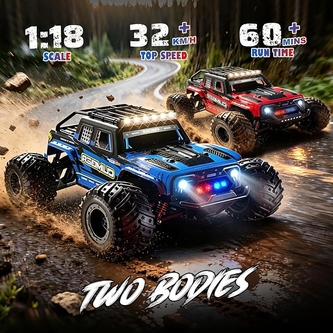 Gohero Remote Control Monster Truck – 32KM/H Fast RC Car for Adults & Kids, 1/18 Scale Off-Road Truck with Dual Shells & Lights, App/2.4GHz Control, 2 Batteries 60Min Playtime, Gift for Boys 8-12