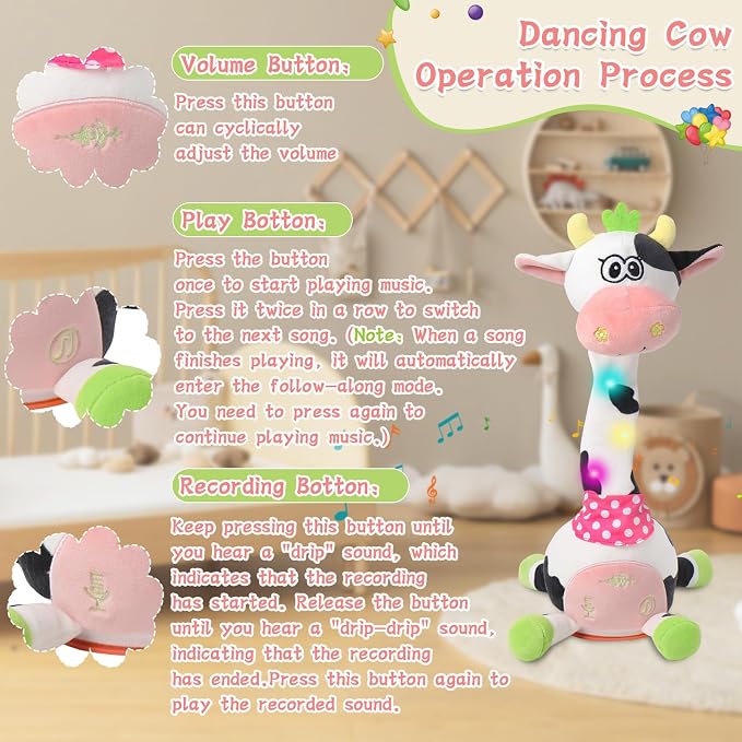 Dancing Talking Giraffe Toy, Stuffed Animal Baby Toy Repeating What You Say, Glowing Musical Giraffe Gifts for Toddlers 1-3 Years Old, for Kids (Cow)