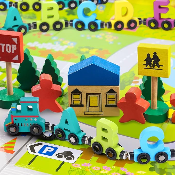 43 Pcs Magnetic Wooden Alphabet Number Trains Set for Kids with 26 Alphabet, 14 Number Trains, 3 Locomotives, Learning Toys for Toddlers Boys Girls Educational Gift for 3-7 Year Olds