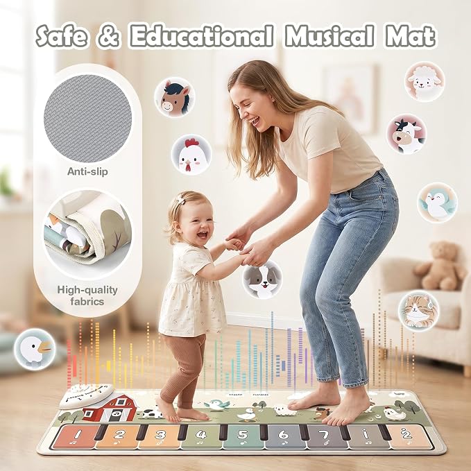 Floor Piano Mat, Music Mat with 45 Sounds & Music, Piano Mat with 9 Piano Keys & 8 Animal Sounds, Record & Playback, Sensory Toys for Toddlers 1-3, Toddler Toys for Girls Boys Gift