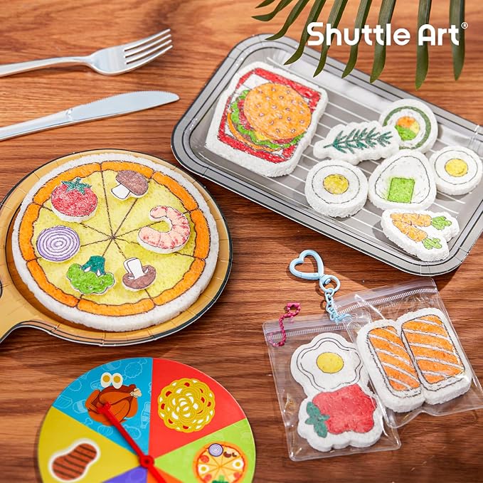 Shuttle Art 104 Pcs Magic Foam Texture Painting Kit Food Series: 34 Food Foam Pieces, Paper Plates, Forks & Knives, 12 Acrylic Paint Markers, Magical 3D Effect DIY Art Craft for Kids Ages 3-12