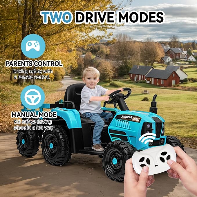 24V Ride on Tractor with Trailer, Electric Tractor Toy for Kids, 400W Toddler Ride On Toy W/Remote Control, Kid's Electric Car with 3 Speed Adjustable, MP3, Bluetooth, LED Light, Blue