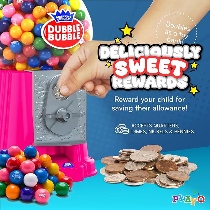 8.5" Coin-Operated Gumball Machine Bank with 85 Gumballs - Pink Candy Dispenser Toy for Kids