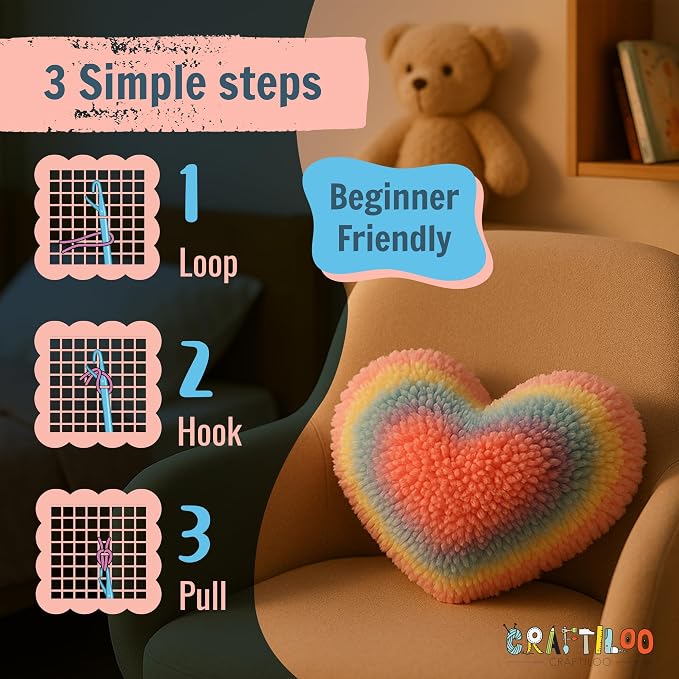 CRAFTILOO Latch Hook Kit for Kids Rug DIY Pillow Craft with Hook, Precut Yarn, Easy to Follow Pattern Cute Designs with Rainbow Heart Ages 6+