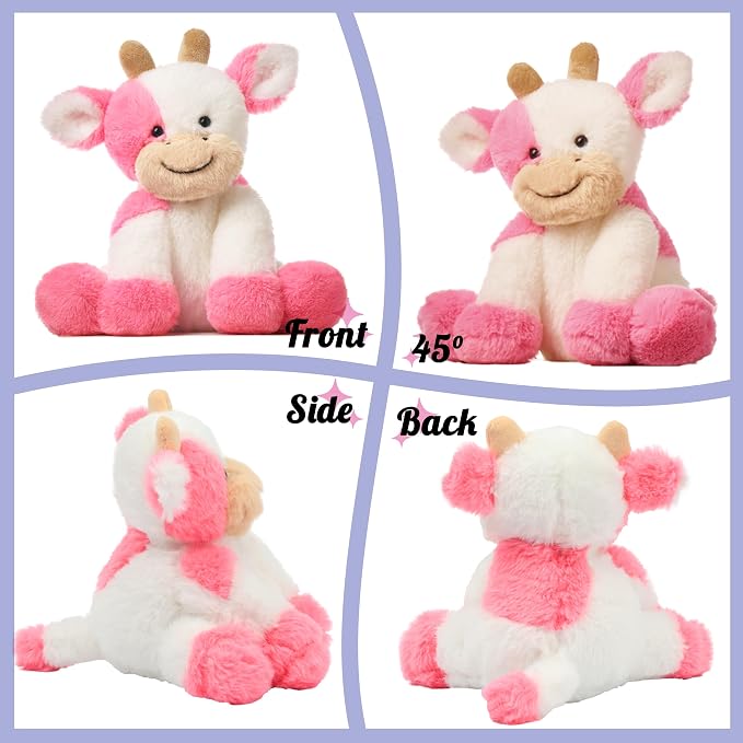 Hopearl Adorable Plush Cow Toy Floppy Dairy Cattle Soft Kawaii Stuffed Animal Cute Birthday Holiday Gift for Boys Girls Kids Toddlers, Strawberry Pink, 9''