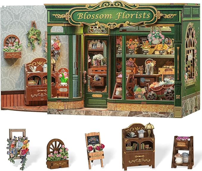 Cutefun Book Nook Kit - DIY Miniature Flower Shop Booknook Kits for Adults and Teens, 3D Wooden Puzzle Bookend Bookshelf with LED Light, Creative Crafts Gifts for Book Lovers (Blossom Florists)