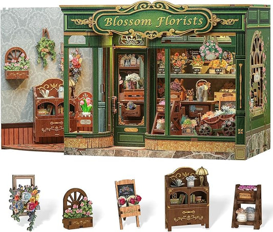 Cutefun Book Nook Kit - DIY Miniature Flower Shop Booknook Kits for Adults and Teens, 3D Wooden Puzzle Bookend Bookshelf with LED Light, Creative Crafts Gifts for Book Lovers (Blossom Florists)