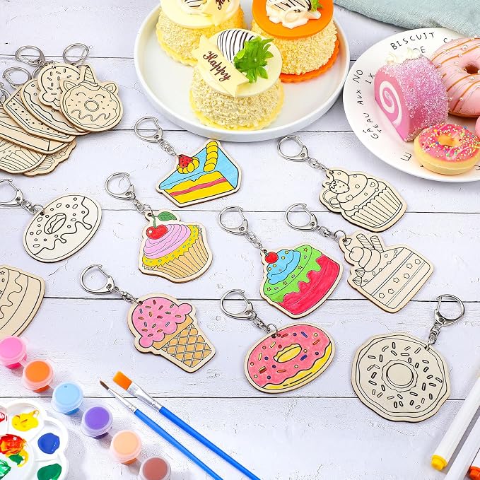 Trnayi 36 Pcs Dessert Craft Color Your Own Sweet Treat Keychains Unfinished DIY Coloring Ice Cream Wooden Donut Cupcake Crafts Blank Wood Painting Kits for Summer Art Donut Party Favors