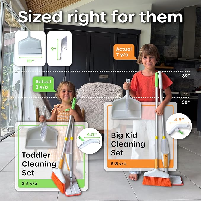 Quiggly Big Kid Toy Cleaning Set - Spray Mop, Broom, Dustpan, Ages 5-8 | Plus brush, one-hand squeeze & spray, Montessori cleaning 4-piece tool kit
