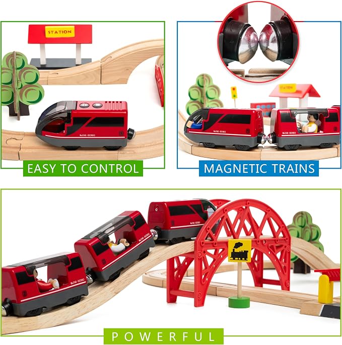 KipiPol Battery Operated Action Locomotive Toy Train Set for Wooden Tracks, (Magnetic)-Compatible with Thomas The Train Toys, Brio Tram Set for Toddlers 3-5 and up, Stocking Stuffers for Kids