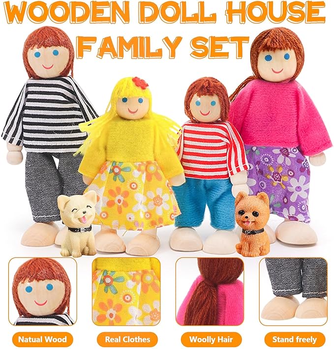 HAPGFS 36PCS Wooden Dollhouse Furniture Set with 4 Flexible Family Dolls - 5 Room Realistic Doll House Accessories for Toddlers 3 4 5 6, Pretend Play Toys Gift for Birthday and Christmas