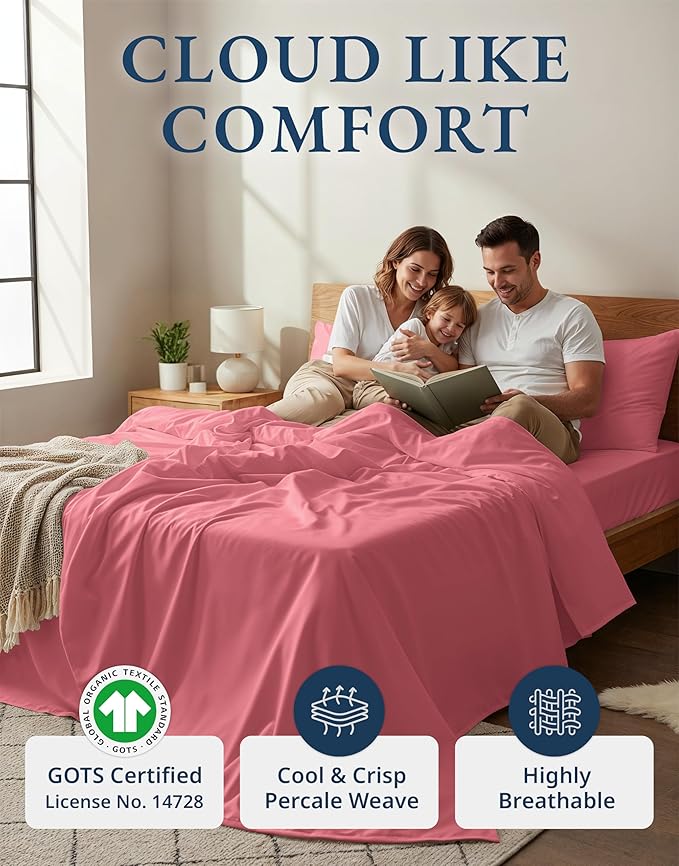 LANE LINEN Twin Sheet Set 100% Organic Cotton 3pc Percale - Mineral Red | Twin Sheets In GOTS Certified Organic Cotton Percale - All-Season Comfort, For Dorm & Guest Rooms, Crisp Hotel-Style Feel