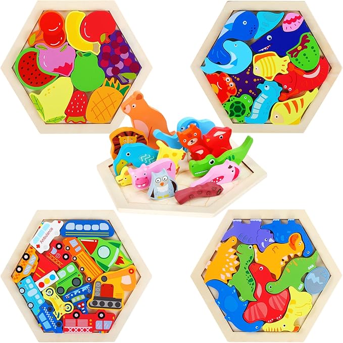 Jerify 5 Pack Wooden Tangram Puzzle for Kids Dinosaur Wooden Hexagon Puzzle Animal Block Teaser Geometric Shapes Fruit Tangram Games for Boys Girls Toddler 1-3 Jigsaw 3D Logic IQ Game Gift