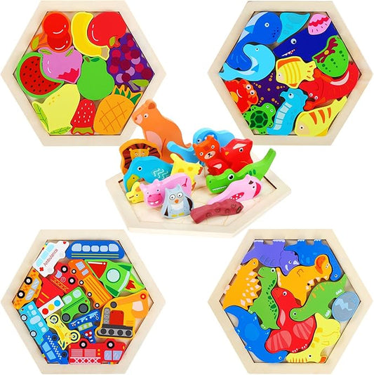 Jerify 5 Pack Wooden Tangram Puzzle for Kids Dinosaur Wooden Hexagon Puzzle Animal Block Teaser Geometric Shapes Fruit Tangram Games for Boys Girls Toddler 1-3 Jigsaw 3D Logic IQ Game Gift