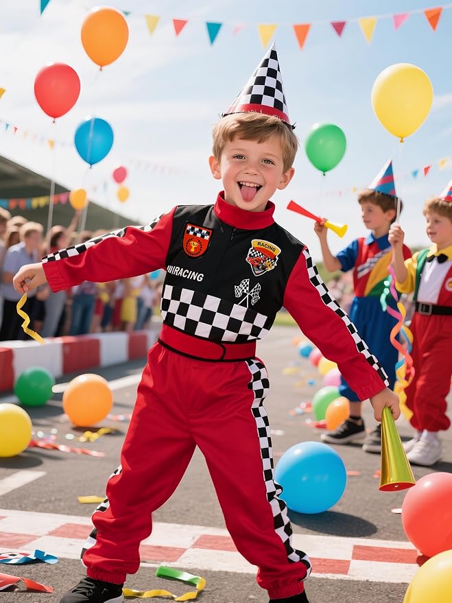 Kids Race Car Driver Costume Boys Girls Racer Jumpsuit With Car Cap Kids Dress Up for Halloween