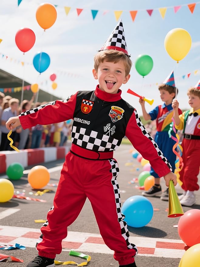 Kids Race Car Driver Costume Boys Girls Racer Jumpsuit With Car Cap Kids Dress Up for Halloween