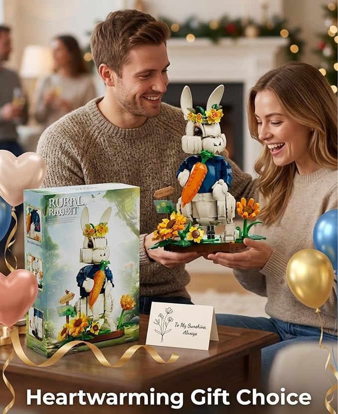 Wonderland Bunny Building Blocks Set, Compatible with Lego Flowers, Creator Cute Rabbit Toys with Carrot & Sunflower Display Base Creative Gift for Adults Home & Office Desk Decor (1258PCS)