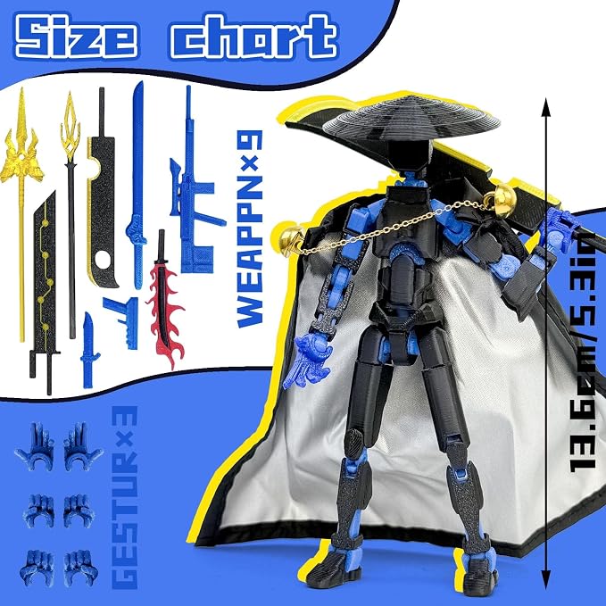 Assembly Completed T13 Action Figures,T 13 Action Figure, Robo 13 3D Printed Action Figure - The Ultimate Hero for Action-Packed Playtime,5.2 Inch (Swordsman-Black Blue)