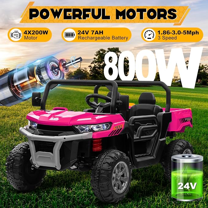 24V 4WD Ride on Car Dump Truck w/4X200W Motor, 2 Seaters, Gift Flower, 2.4G Remote Control, Bluetooth Music, LED Light, 24 Volt Ride on Toy Cars for Big Kids, Pink