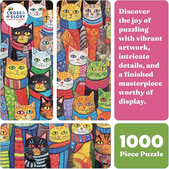 Cross & Glory 1000 Piece Jigsaw Puzzles for Adults — Cozy Cats & Colorful Scarves │ Whimsical Cat Puzzle │ Satin Finish │ Ages 14+