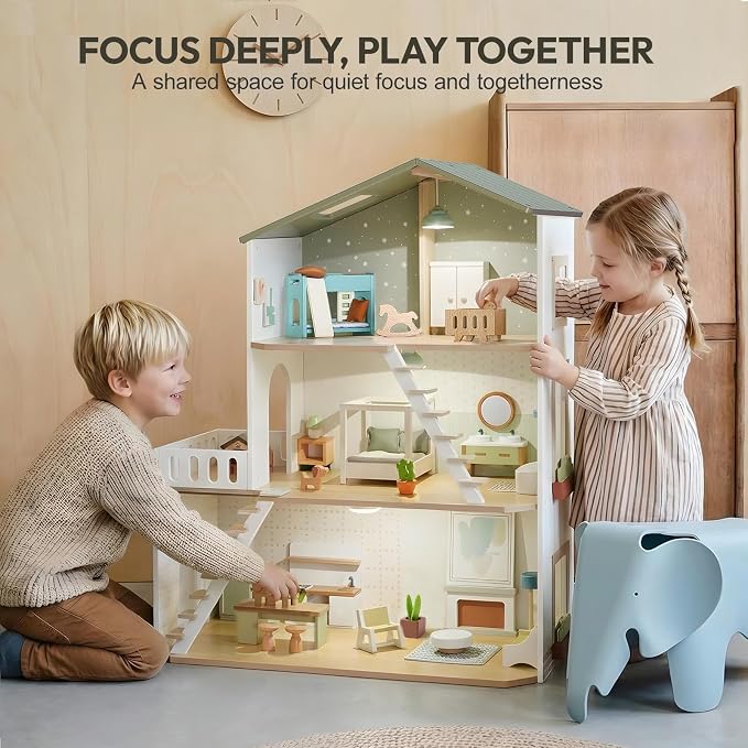 Giant bean Modern Wooden Dollhouse with Lights & 37PCS Furniture Set – Nordic Style 3-Story Playhouse for Kids Age 3+, Natural Wood Montessori Doll House with Realistic Rooms, Gift for Girls & Boys