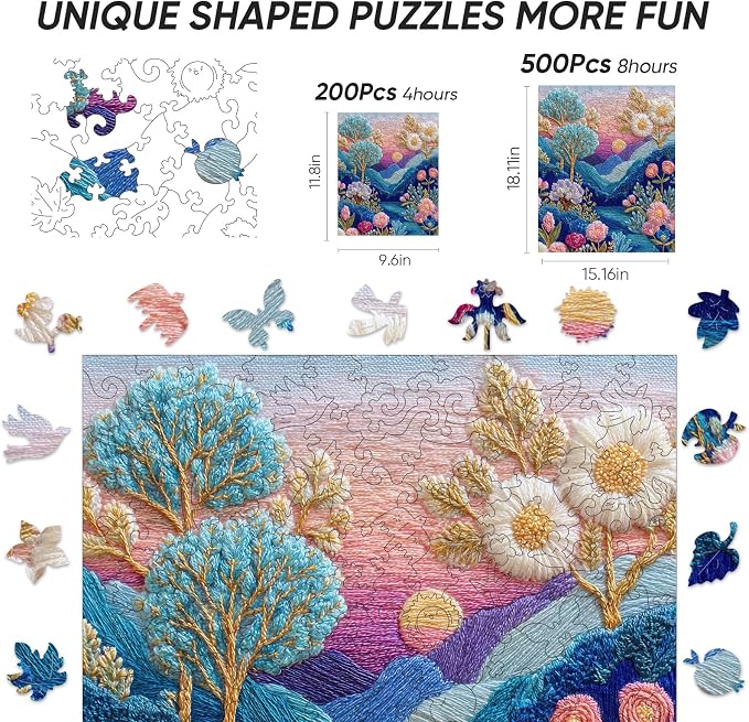 Wooden Jigsaw Puzzles for Adults, Embroidered Flower Landscape Art Puzzle, Unique Shaped Pieces, Educational Game Gift for Kids and Adults 200 Pieces 8.6x11.8in
