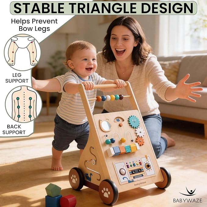 Baby Walker with Wheels - Adjustable Speed Wooden Push Walker for Babies 9-18 Months, 3in1 Montessori Sit to Stand Learning Toy with Musical Board, Shape Sorter & Bead Maze, Boys Girls