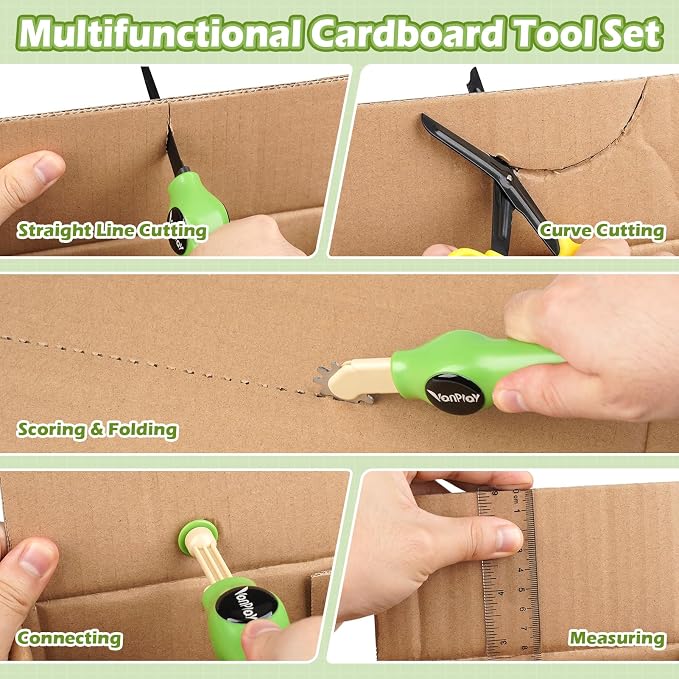 Vanplay Cardboard Cutter for Kids - Cardboard Tools for Kids, Cardboard Cutting Tool Set with Fold-Roller & Gloves, STEM Educational Construction Toys Gift for 5-9 Year Old Boys Girls