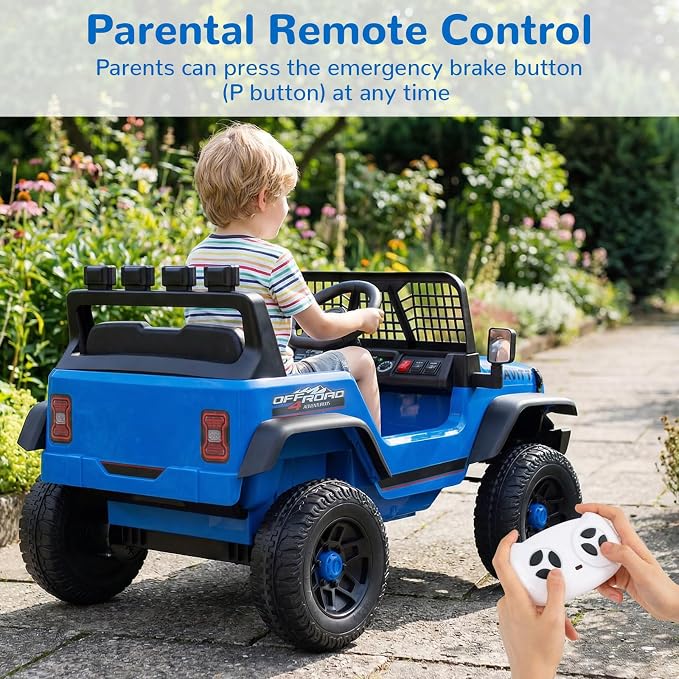 OLAKIDS 24V Ride on Car with Remote Control, Bluetooth, LED Lights, Horn, Spring Suspension, High/Low Speeds, Soft Start for Kids Aged 3+ (Blue)