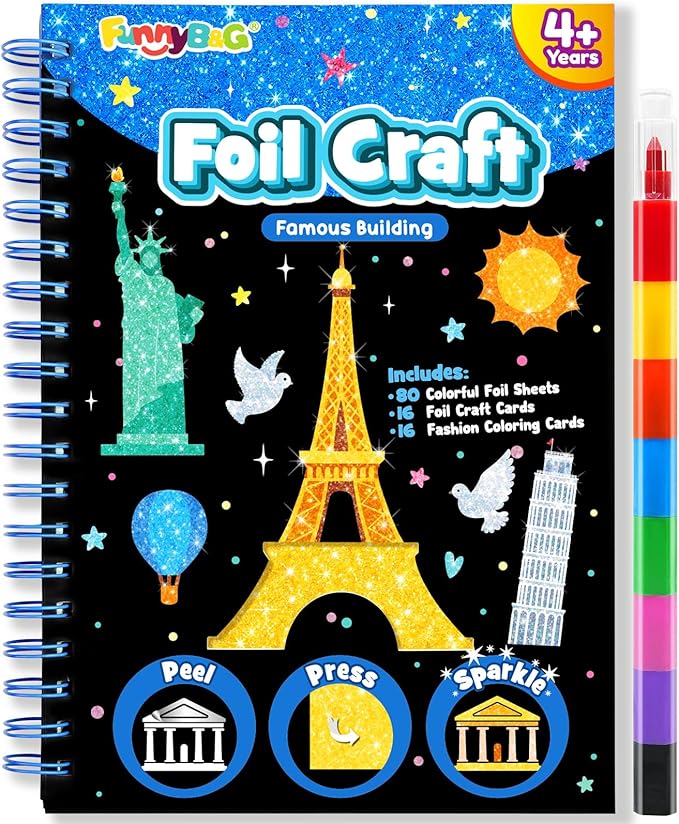 FUNNYB&G Foil Art Craft Kit for Kids 4-10 Years Old: Mess-Free & No-Glue, Create 16 Sparkly Famous Building Pictures – Perfect Travel Toy & Birthday Gift for Kids (Buildings)