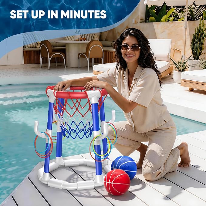 Laoyebaohao Pool Basketball Hoop Pool Games Pool Toys Ring Toss Game with 2 Basketballs Floating Basketball Hoop for Pool for Kids & Adults Indoor Outdoor