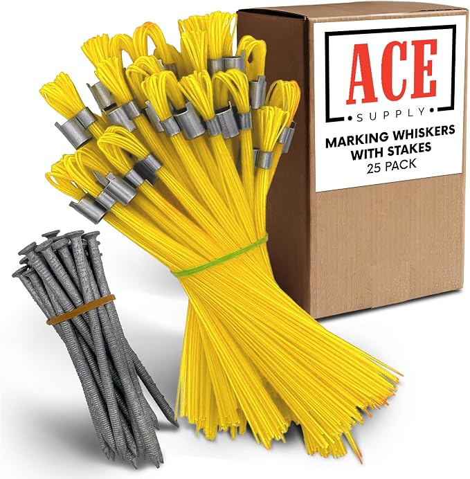 Yellow Marking Whiskers With Stakes - 25 Pack - Durable Marking Whisker Set - Use Survey Whiskers As Ground Markers, Construction Markers, Or Trail Markers
