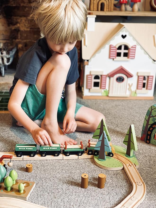 Tender Leaf Toys - Wild Pines Train Set - Stunning Wooden Lumberjack Style Toy Train Set for Age 3+