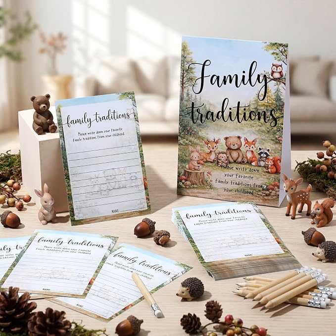 Fumete 61 Pieces Family Tradition Baby Shower Games Include 1 Family Traditions Standing Sign and 50 Activities Cards with 10 Pencils for Gender Reveal Bridal Shower Wedding(Green,Woodland)