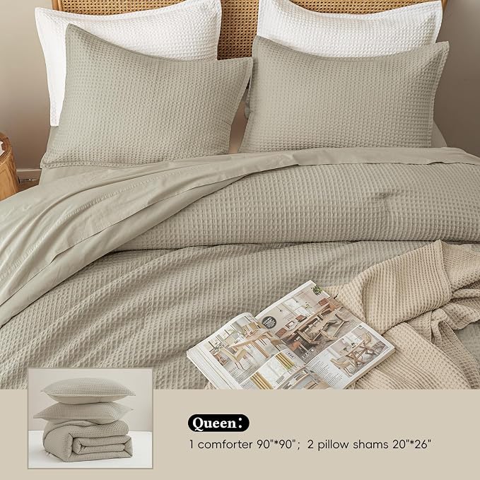 David's Home Waffle Weave Comforter Set 3PCS Queen Size, Soft Breathable Lightweight Cozy Skin-Friendly Warm for All Season, Elegant Aesthetic Home Decor Bedding Set with Pillow Shams, Taupe