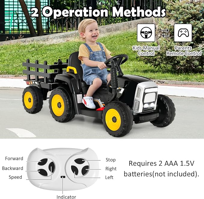 HONEY JOY Ride On Tractor with Trailer, 12V Electric Vehicle for Kids, 3-Gear-Shift Ground Loader, LED Lights, Horn, Music, Battery Powered Ride On Car with Remote Control, Gift for Boys Girls(Black)
