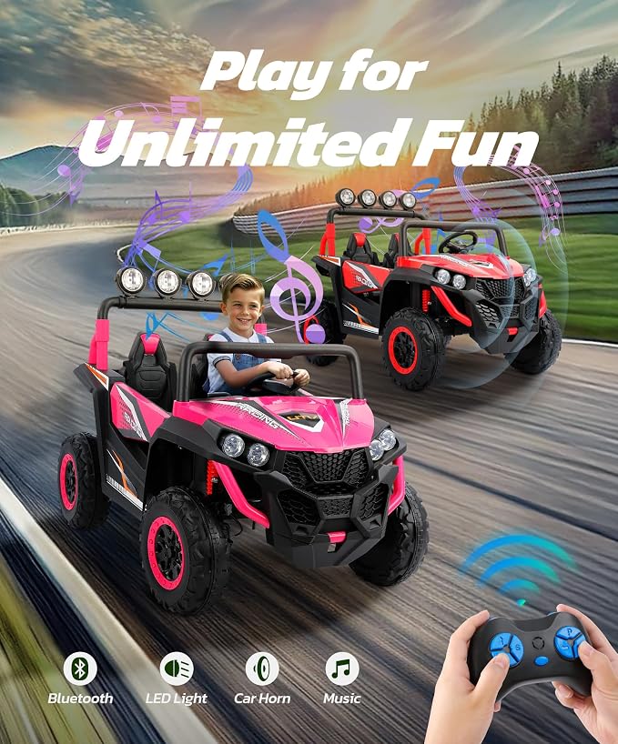 ELEMARA 2 Seater 24V Ride on Toys for Big Kids,Electric Car for Kids w/Parent Remote Control,Heavy-Duty Electric Ride On Truck w/ 4-Wheeler Suspension,5 Mph Max Speed,Bluetooth,Rainbowlight*4,Pink