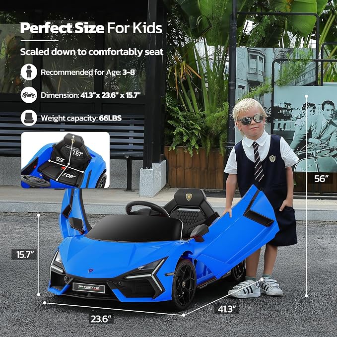ELEMARA Lamborghini Ride On Car with Scissor Door, Electric Vehicle for Kids with Remote Control,Kid Cars to Drive with MP3 Player, Bluetooth, LED Light and Wide Seat, Navy Blue