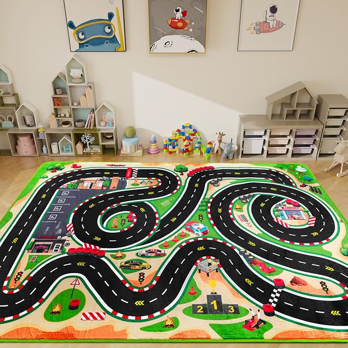 Kids Car Rug for Play Toy Cars, 4'11" x 3'3" Non-Slip Race Track Play mat Carpet Kid Road Rugs for Playroom Classroom Kids Room,Karting Road Racing Track Floor Mat Rug for Bedroom(for Age 2+,Green)