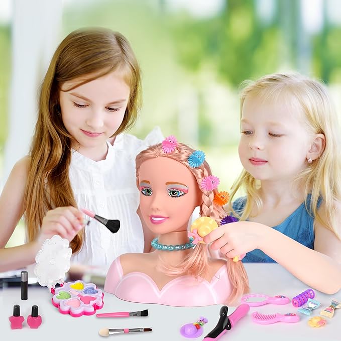 36PCS Doll Head Hair Styling Makeup Toy Set Kids Pretend Play Styling Set with Hairdryer Curling Iron Crown Accessories Beauty Stylist Kit Gifts for 3 4 5 6+ Years Old