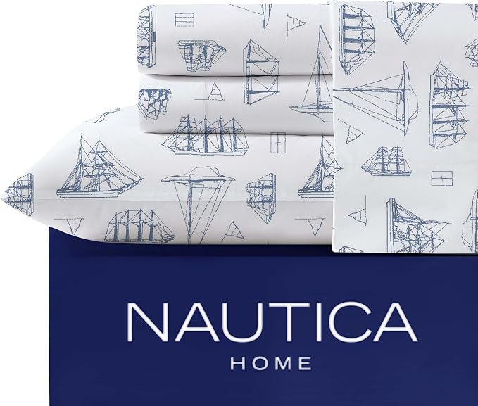 Nautica – Full Size Sheet Set, Crisp Cotton Percale Bedding with Matching Pillowcases, Lightweight & Breathable Bed Sheets, Deep Pocket, College Dorm Room Essentials (Whitewood Sail Blue)