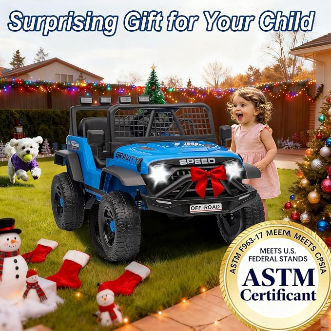 24V Ride on Toys w/Remote Control, 4WD Kids Ride on Truck Car, 3 Speed, Bluetooth Music, Wide Seat, Spring Suspension, LED Light, Birthday for Boys Girls Toddler (Black+Blue)